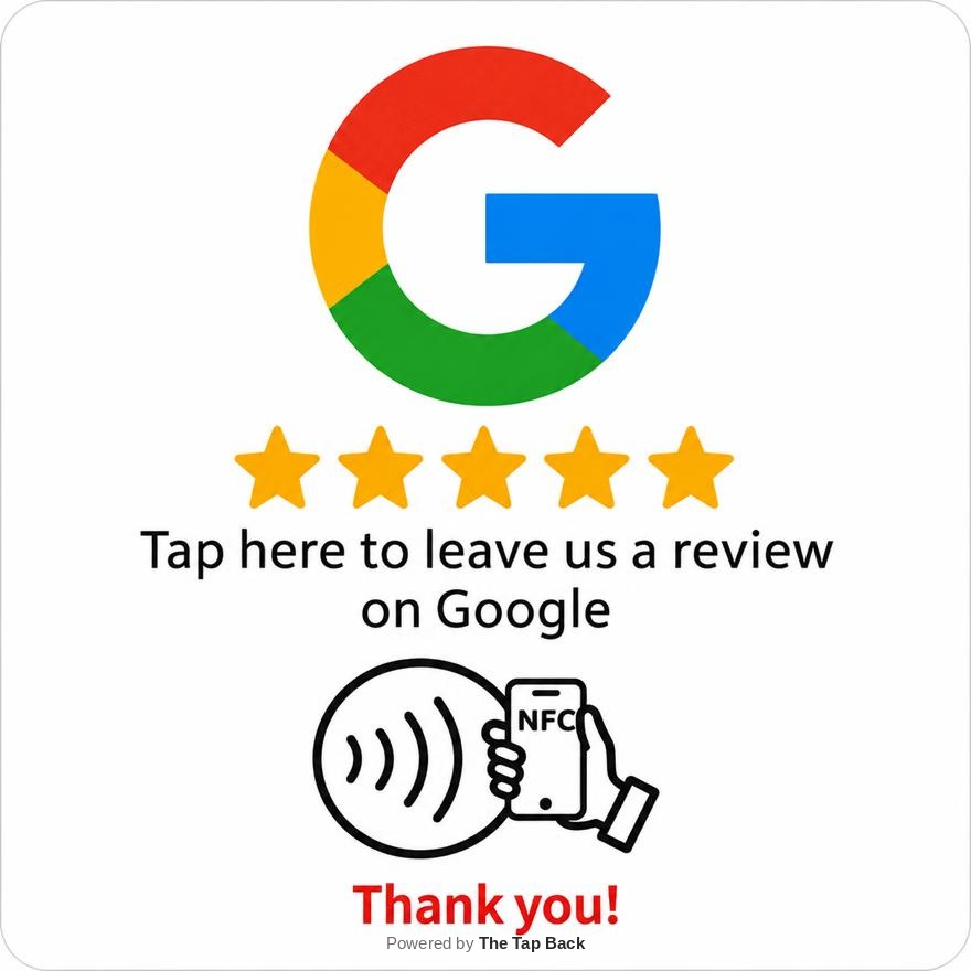 Square white NFC Review Point with large Google logo, five gold stars, review invitation, contactless phone illustration and Thank you text