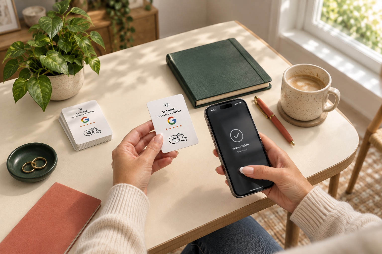 The white NFC Review Card held over a warm cream desk beside a phone showing a review linked confirmation, with a plant, notebook and coffee nearby