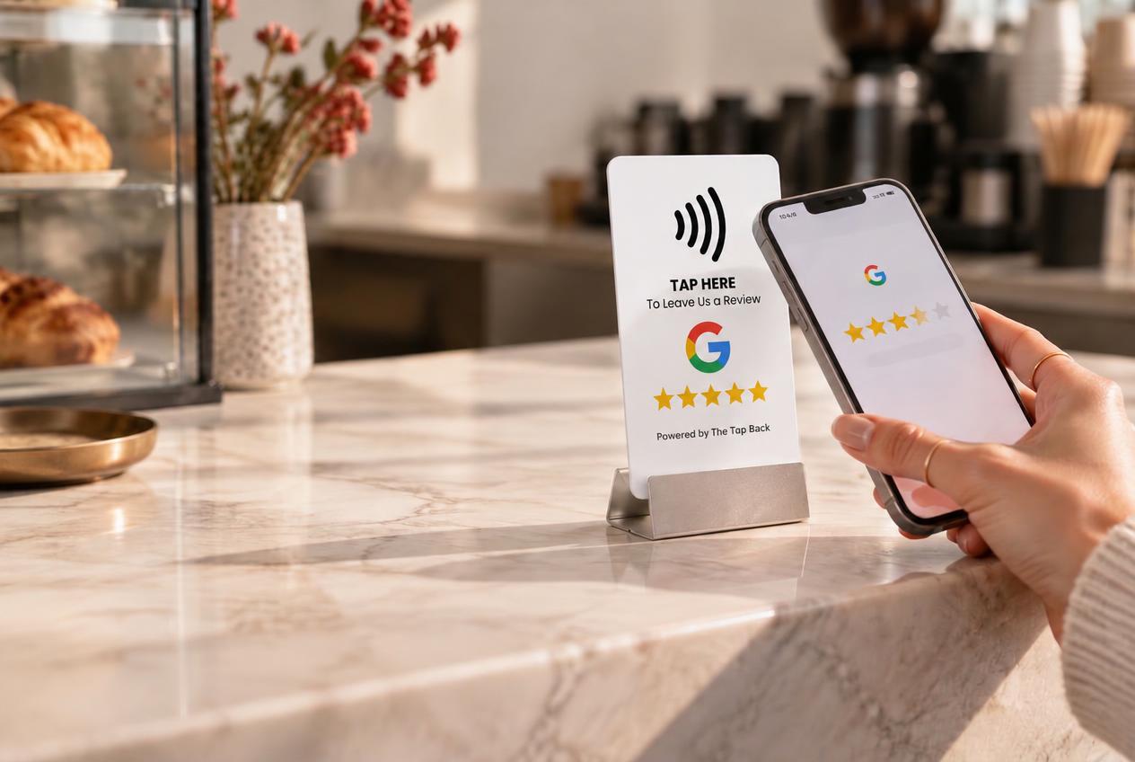 A customer tapping The Tap Back white NFC review point with a smartphone at a café counter